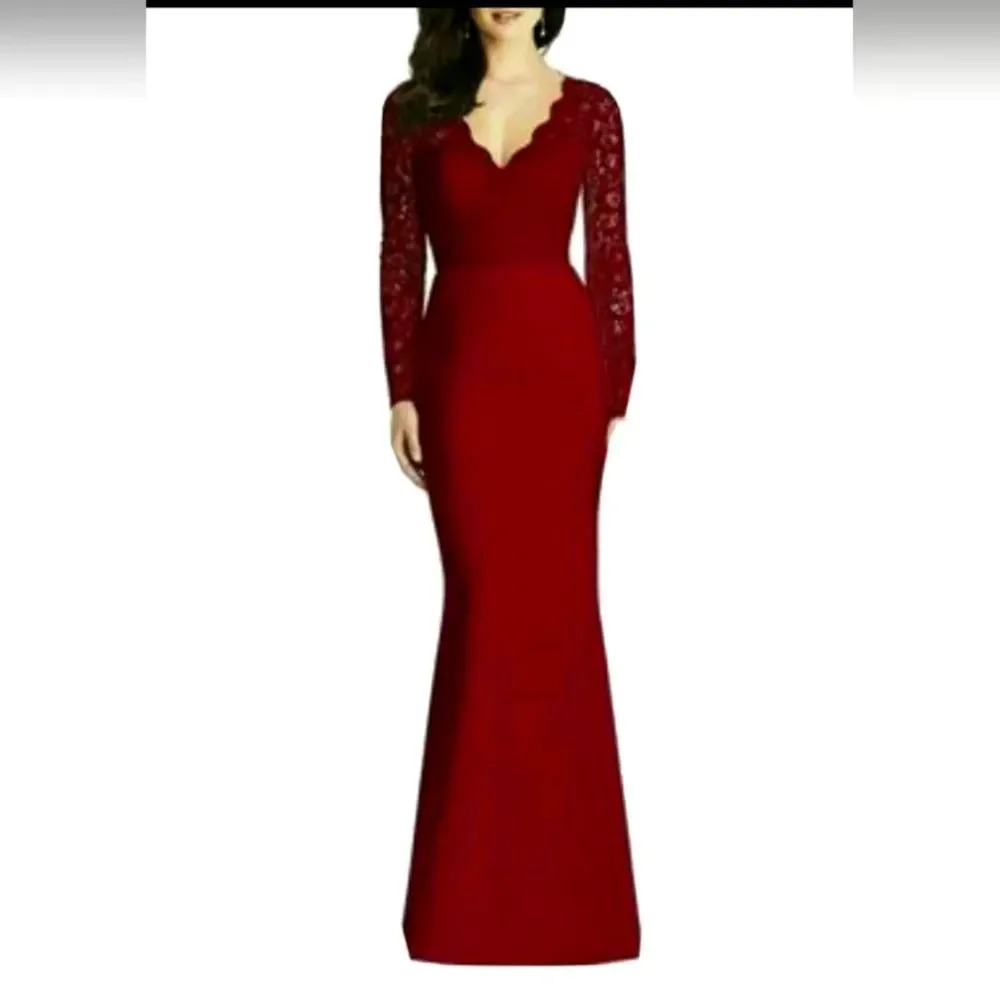 Dessy Collection Vivian Lace Long Sleeve Gown in Cabernet Size 2R